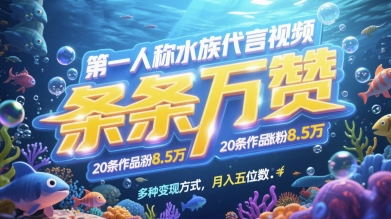 第一人称水族代言视频，条条万赞，20条作品涨粉7.8W，多种变现方式月入五位数-轻创云