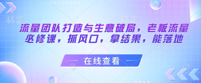 流量团队打造与生意破局，老板流量必修课，抓风口，拿结果，能落地-轻创云