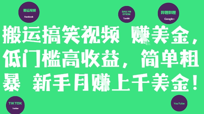 搬运搞笑视频挣美金，低门槛高收益，简单粗暴新手月入上千美刀-轻创云